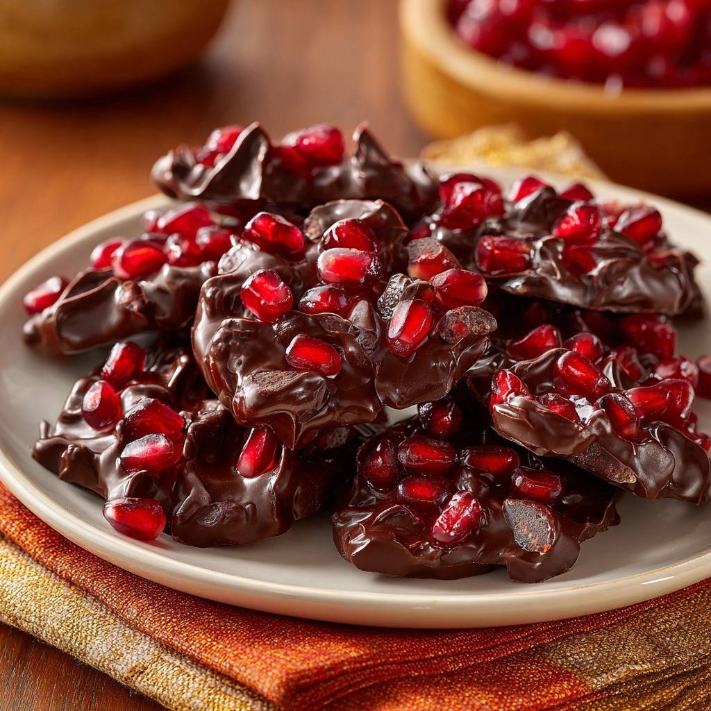 Knusprige Granatapfel-Schokoladen-Bark, serviert auf einem weißen Teller, präsentiert eine verlockende Anordnung von Schokolade und Granatapfelkernen.