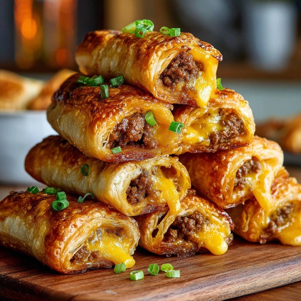 Knusprige Hack-Käse-Blätterteig-Röllchen im Nahaufnahme: Ein Stapel frisch gebackener Röllchen mit geschmolzenem Käse, der aus der Mitte quillt.