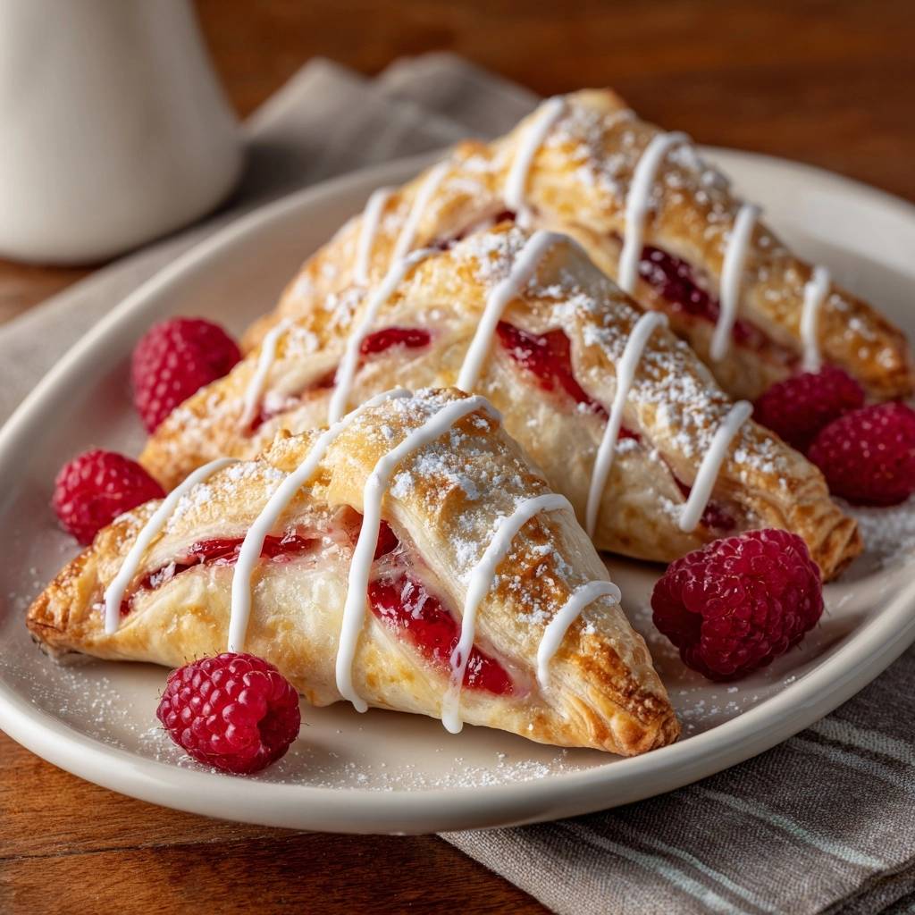 Knusprige Himbeer-Blätterteigtaschen, serviert auf einem weißen Teller, dekoriert mit frischen Himbeeren und Puderzucker. Die Gebäckstücke sind mit Zuckerguss verziert.