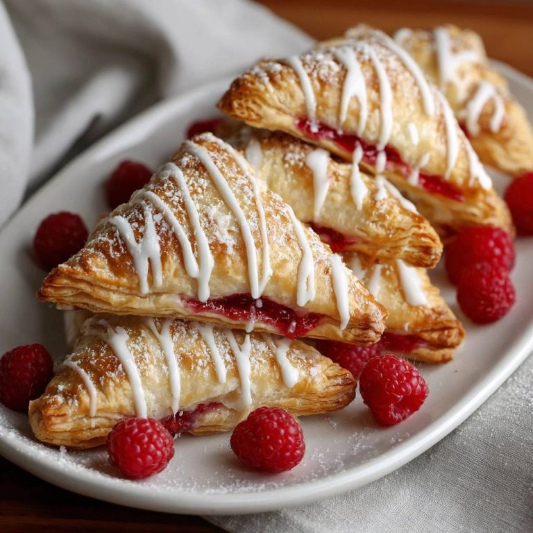 Knusprige Himbeer-Blätterteigtaschen, serviert auf einem weißen Teller, mit frischen Himbeeren dekoriert und mit Zuckerguss verziert.