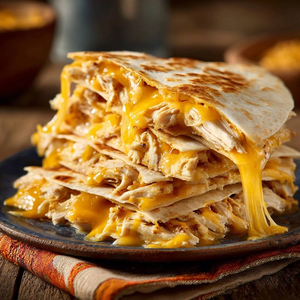 Knusprige Huhn Quesadillas Querschnitt Nahaufnahme 1 Knusprige Hähnchen-Quesadillas im Querschnitt, mit geschmolzenem Käse und zartem Hühnchen in Nahaufnahme serviert.