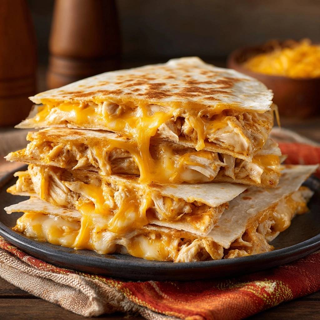 Knusprige Hähnchen-Quesadillas mit geschmolzenem Käse, die in einer Nahaufnahme einen saftigen Querschnitt zeigen und zum Genuss einladen.