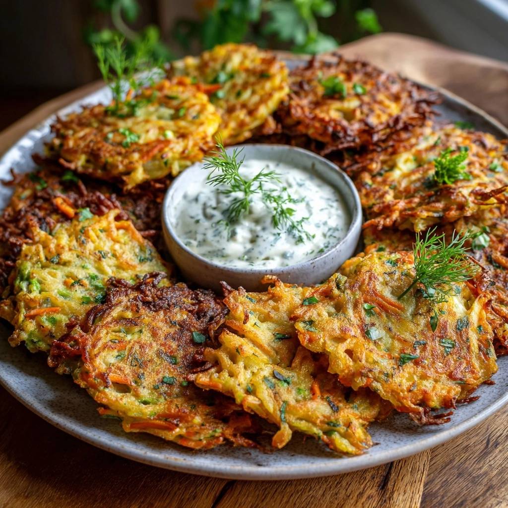 Knusprige Karotten Zucchini Roesti Mit Erbsen Serviert 1 Knusprige Karotten-Zucchini-Rösti mit Erbsen & Dill-Dip auf einem Teller serviert, dekoriert mit frischem Dill.