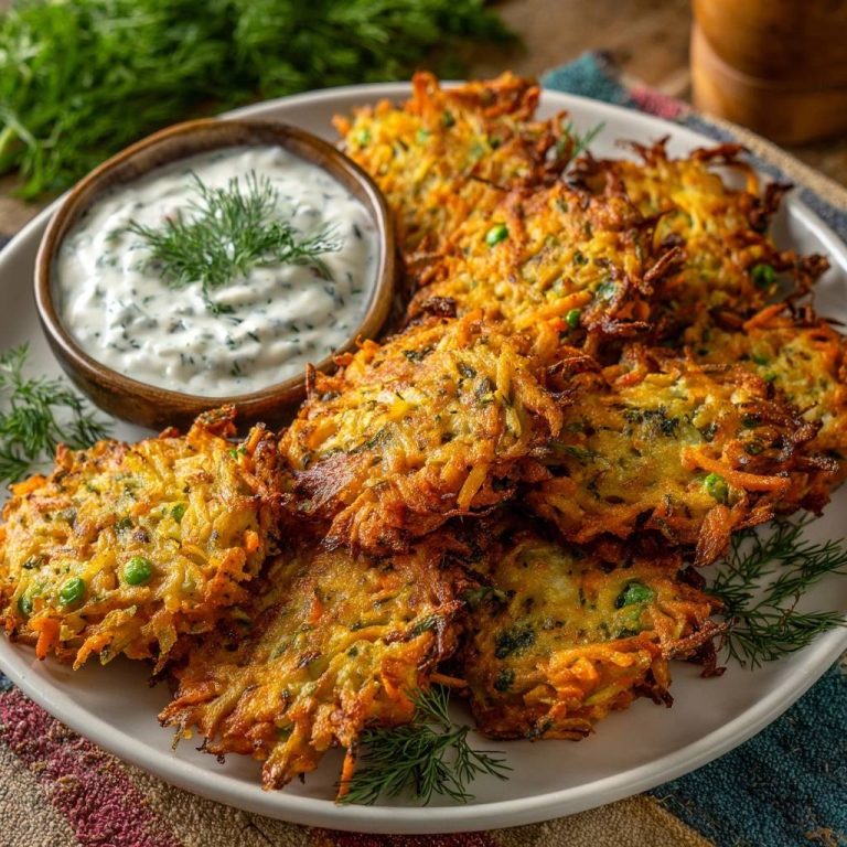 Knusprige Karotten-Zucchini-Rösti mit Erbsen, serviert auf einem weißen Teller, neben einer Schüssel cremigen Dill-Dip.