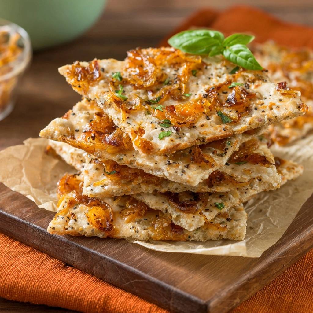 Knusprige Kartoffel Cracker Mit Zwiebeln Gestapelt 1 Knusprige Kartoffel-Cracker mit Zwiebeln & Kräutern, gestapelt auf einem rustikalen Holzbrett, mit karamellisierten Zwiebeln belegt.