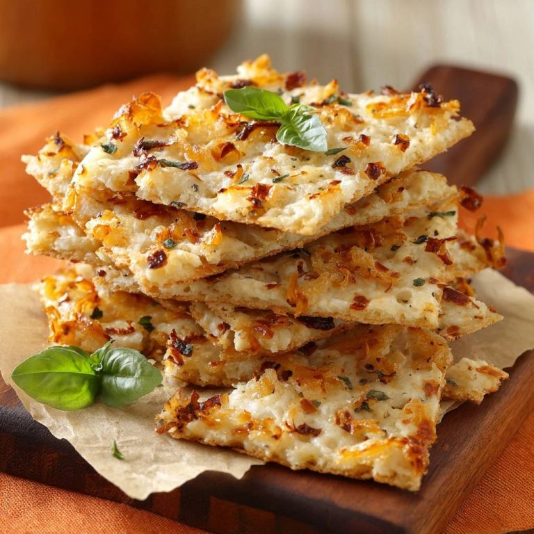 Knusprige Kartoffel-Cracker mit Zwiebeln & Kräutern sind gestapelt und mit frischen Basilikumblättern garniert, was diese herzhaften Cracker unwiderstehlich macht.