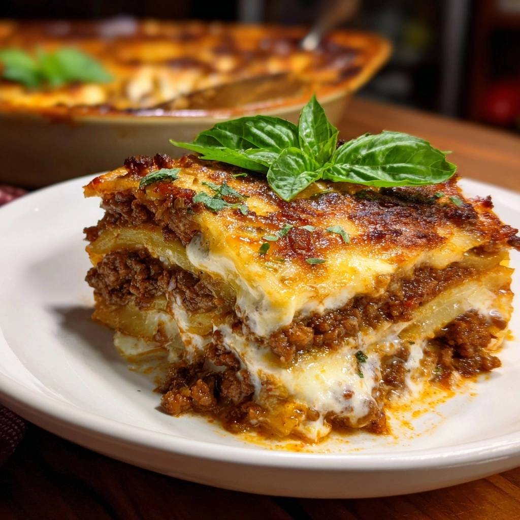 Knusprige Kartoffel Hack Lasagne Querschnitt 1 Knusprige Kartoffel-Hack-Lasagne präsentiert einen köstlichen Querschnitt, der die geschichteten Fleisch-, Kartoffel- und Käseschichten zeigt, serviert auf einem weißen Teller.