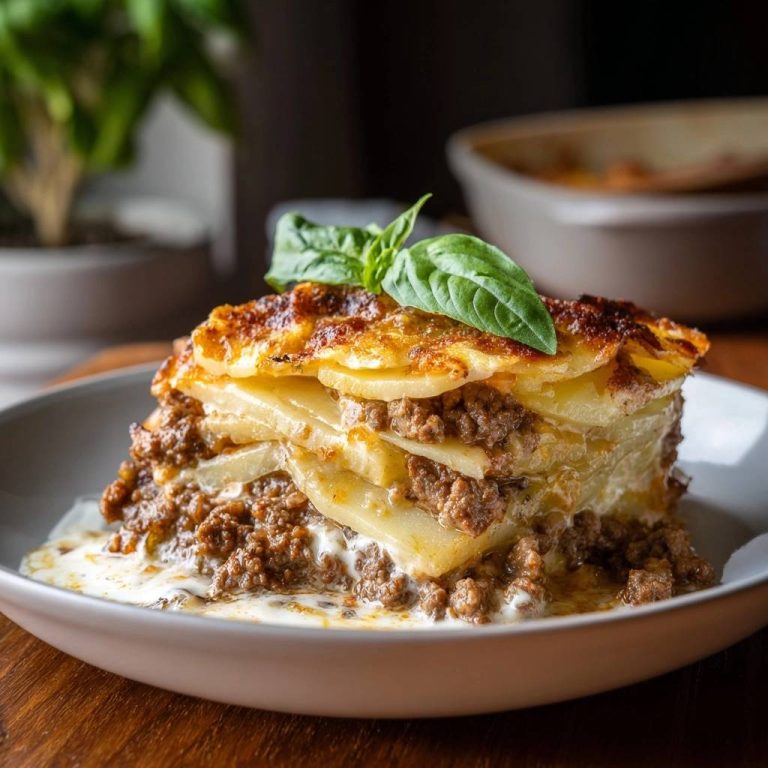 Knusprige Kartoffel-Hack-Lasagne im Anschnitt, die Schichten aus Kartoffeln und Hackfleischfüllung deutlich zeigt und mit Basilikum garniert ist.