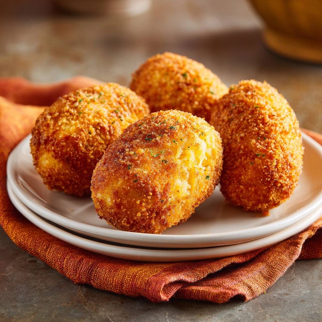 Knusprige Kartoffelkroketten, serviert auf einem weißen Teller, zeigen die goldbraune, knusprige Panade. Die Kroketten sind perfekt zubereitet und verlockend angerichtet.