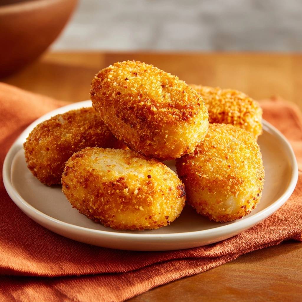 Knusprige Kartoffelkroketten, serviert auf einem weißen Teller, zeigen die goldbraune, knusprige Panade und die appetitliche Textur.