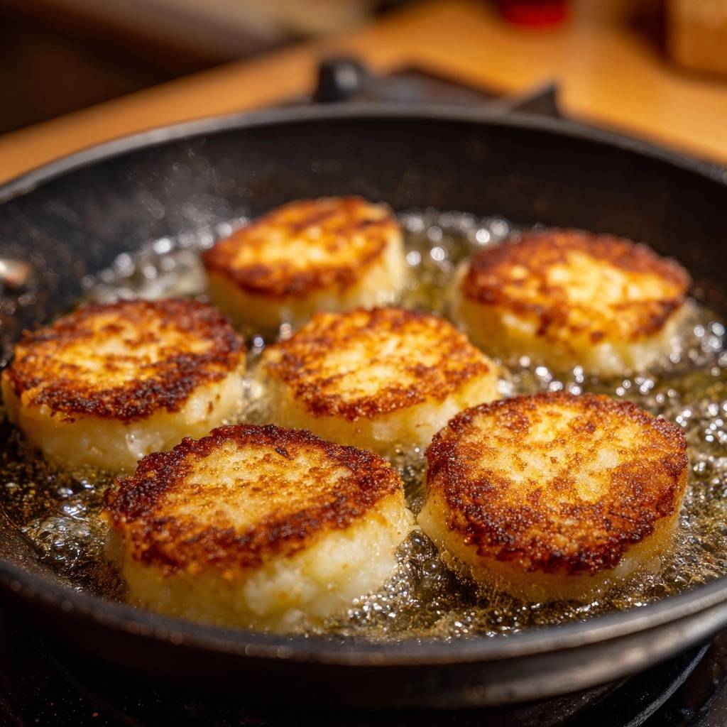 Knusprige Kartoffelpuffer braten in heißem Öl, eine Nahaufnahme zeigt die goldbraune Kruste und die knusprige Textur.
