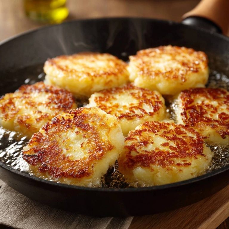 Knusprige Kartoffelpuffer brutzeln in einer Pfanne, die goldbraune Oberfläche in einer Nahaufnahme. Das frische Gericht wird gerade zubereitet.