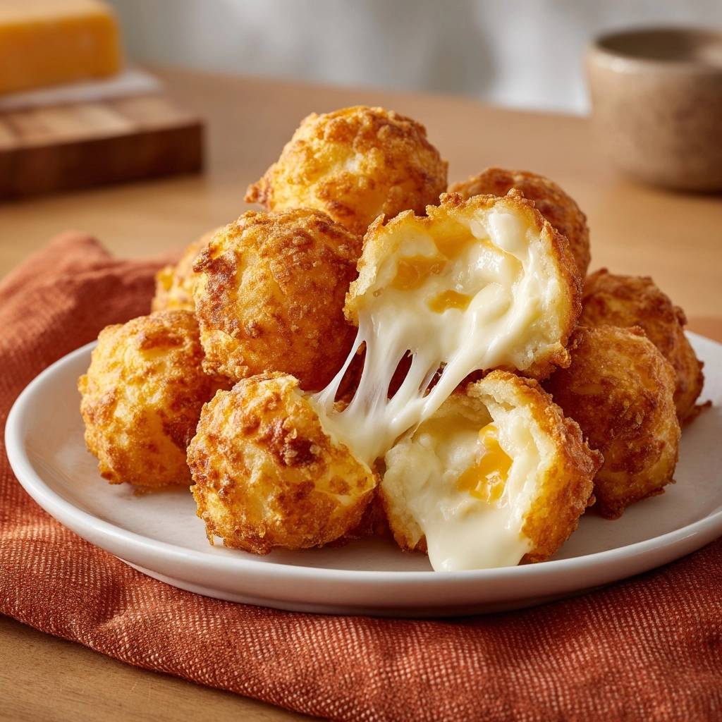 Knusprige Kase Kartoffelballchen Querschnitt Kaese Zieht 1 Knusprige Käse-Kartoffelbällchen mit einem saftigen Käse-Querschnitt, der den geschmolzenen Käse zeigt, der sich zieht.