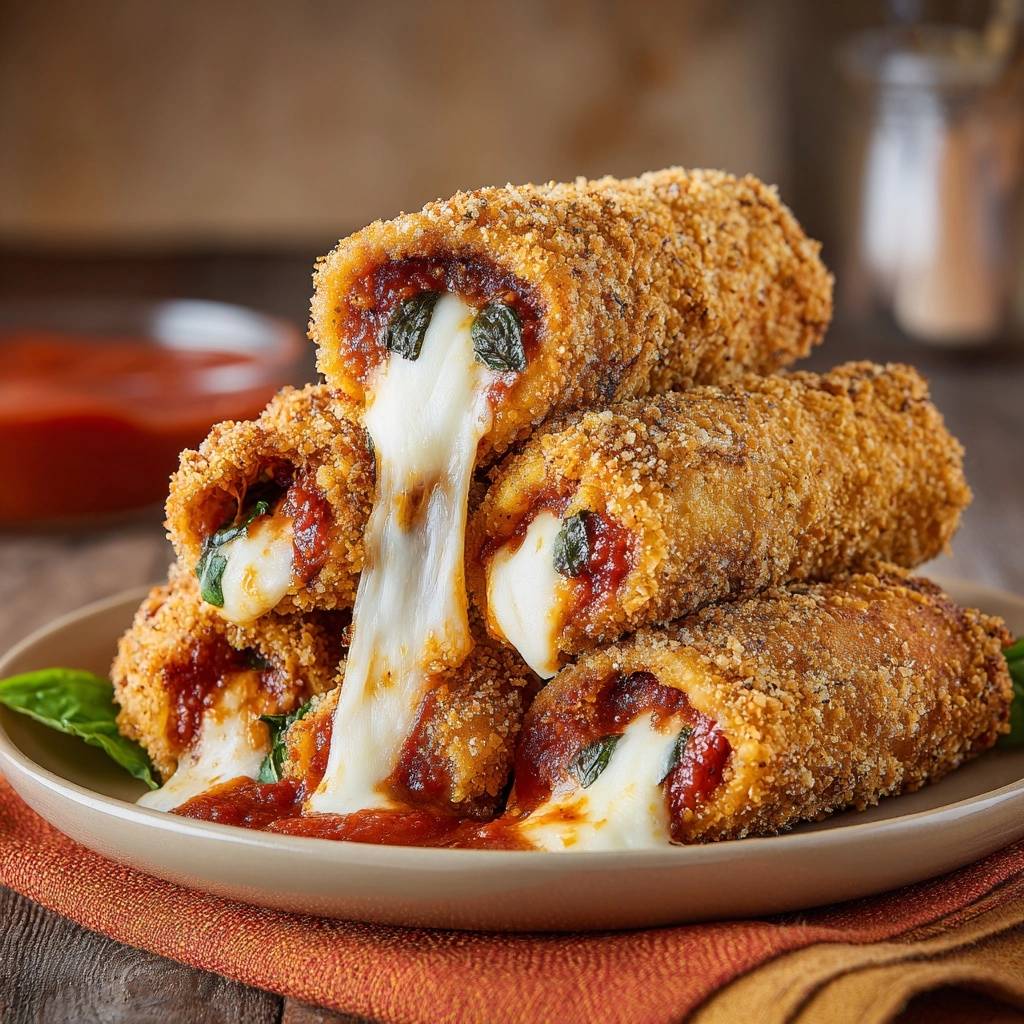 Knusprige Mozzarella-Sticks mit Tomatensoße im Querschnitt, mit geschmolzenem Käse, Tomatensauce und Basilikumblättern serviert.