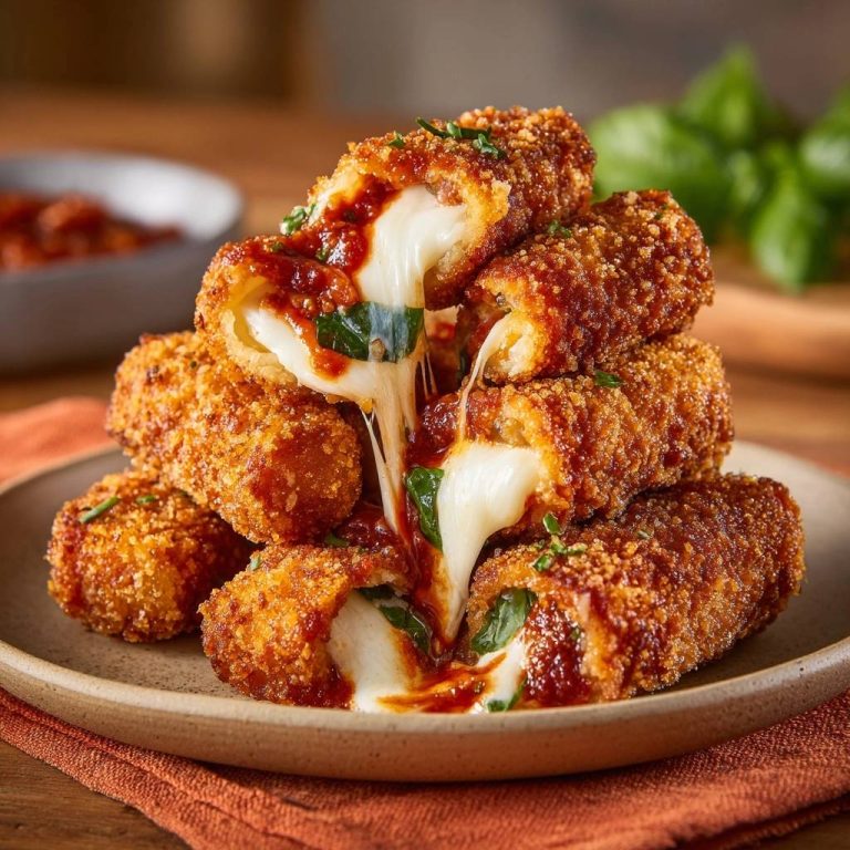 Knusprige Mozzarella-Sticks mit Tomatensoße im Querschnitt, mit geschmolzenem Käse und Tomatensoße, serviert auf einem Teller.
