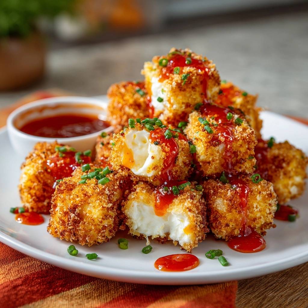 Knusprige Mozzarella Wuerfel Mit Sauce Querschnitt 1 Knusprige Mozzarella-Würfel mit Sauce zeigen einen saftigen Querschnitt, der die geschmolzene Füllung und knusprige Kruste offenbart.