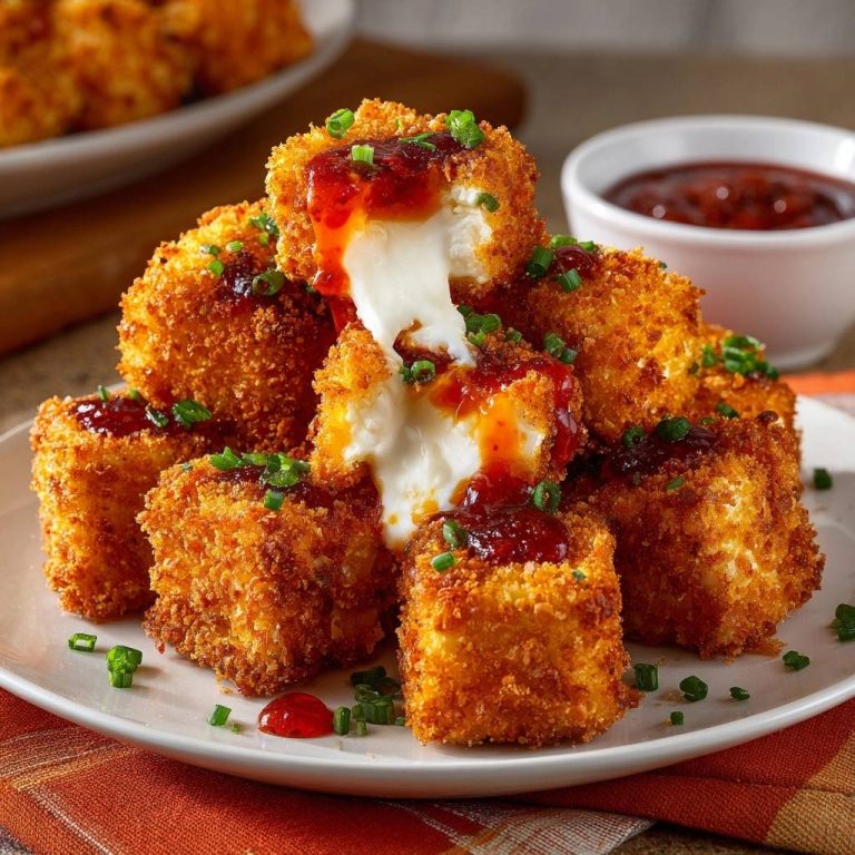 Knusprige Mozzarella-Würfel mit Sauce zeigen einen saftigen Querschnitt mit geschmolzenem Käse und fruchtiger Sauce, serviert auf einem Teller.