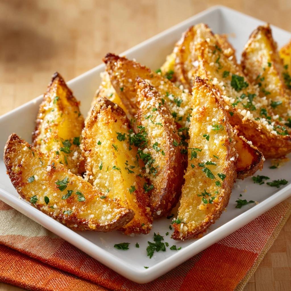 Knusprige Parmesan Kartoffelwedges Serviert 1 Knusprige Parmesan-Kartoffelwedges serviert auf einem weißen Teller, garniert mit frischer Petersilie und Parmesan, bereit zum Genießen.
