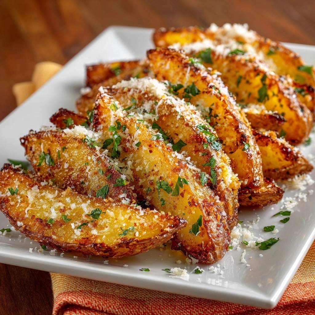Knusprige Parmesan-Kartoffelwedges serviert auf einem weißen Teller, garniert mit frischer Petersilie und Parmesan. Die knusprigen Kartoffelecken sind ein köstlicher Genuss.