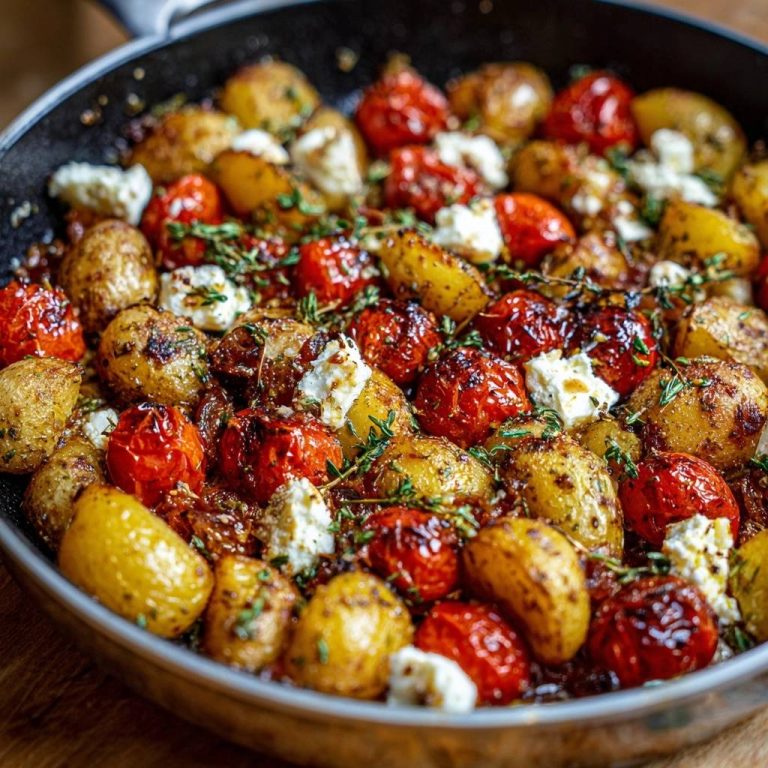 Knusprige Pfannenkartoffeln mit Tomaten und Feta in der Pfanne, serviert mit frischem Thymian und cremigem Feta-Käse.