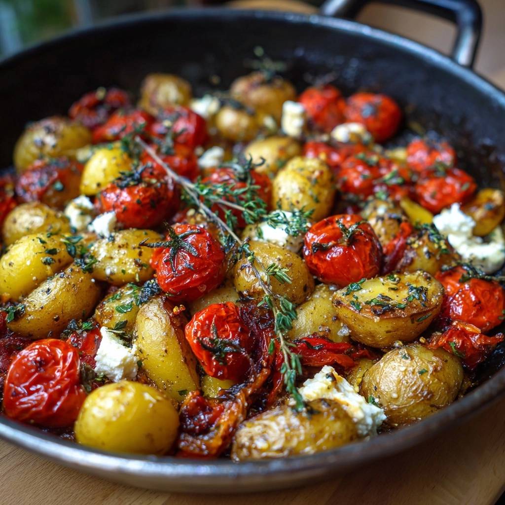 Knusprige Pfannenkartoffeln Mit Tomaten Und Feta Draufsicht 1 Knusprige Pfannenkartoffeln mit Tomaten und Feta in der Draufsicht, garniert mit frischen Kräutern und cremigen Feta-Stückchen.