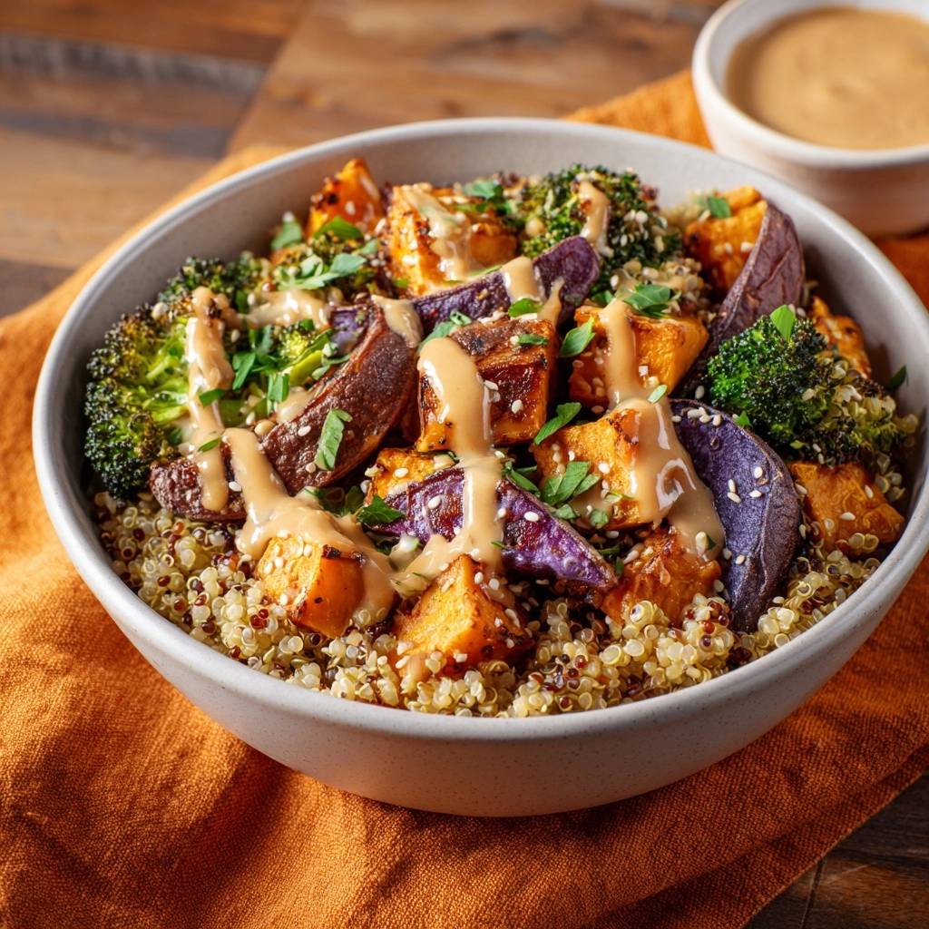 Knusprige Quinoa-Gemüse-Bowl mit Erdnuss-Sauce, serviert in einer Schüssel, von oben gesehen mit Erdnuss-Sauce beträufelt.