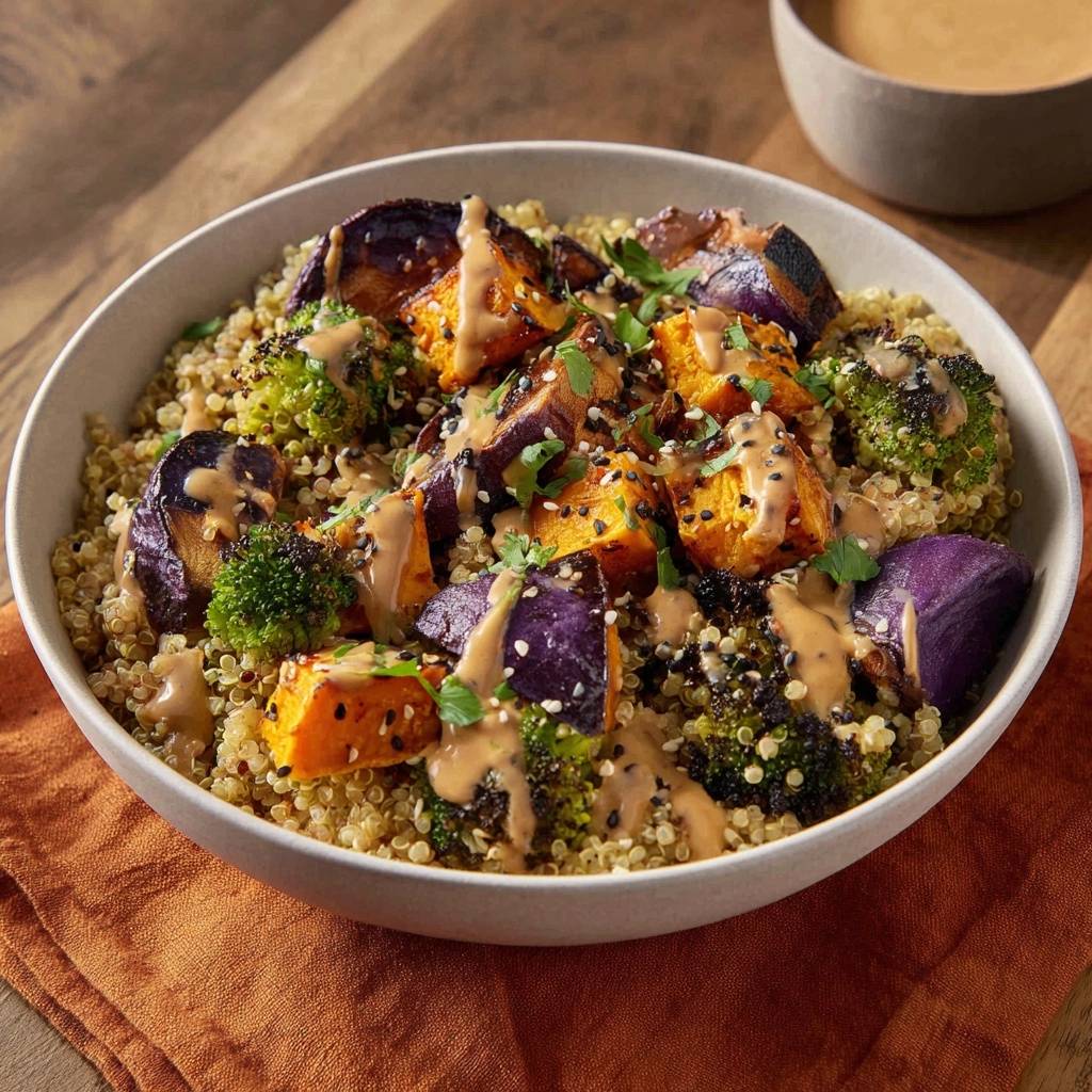 Knusprige Quinoa-Gemüse-Bowl mit Erdnuss-Sauce, serviert in einer Schüssel, mit geröstetem Gemüse und einem köstlichen Erdnuss-Dressing.