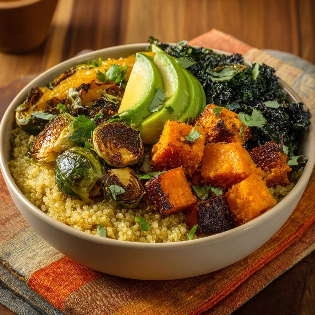 Knusprige Rosenkohl-Süßkartoffel-Quinoa-Bowl in einer Schüssel, mit Avocado und frischen Kräutern garniert, von oben betrachtet.