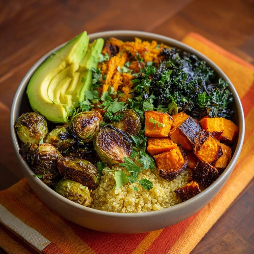 Knusprige Rosenkohl-Süßkartoffel-Quinoa-Bowl in einer Schüssel, von oben gesehen, mit Avocado und geröstetem Gemüse.