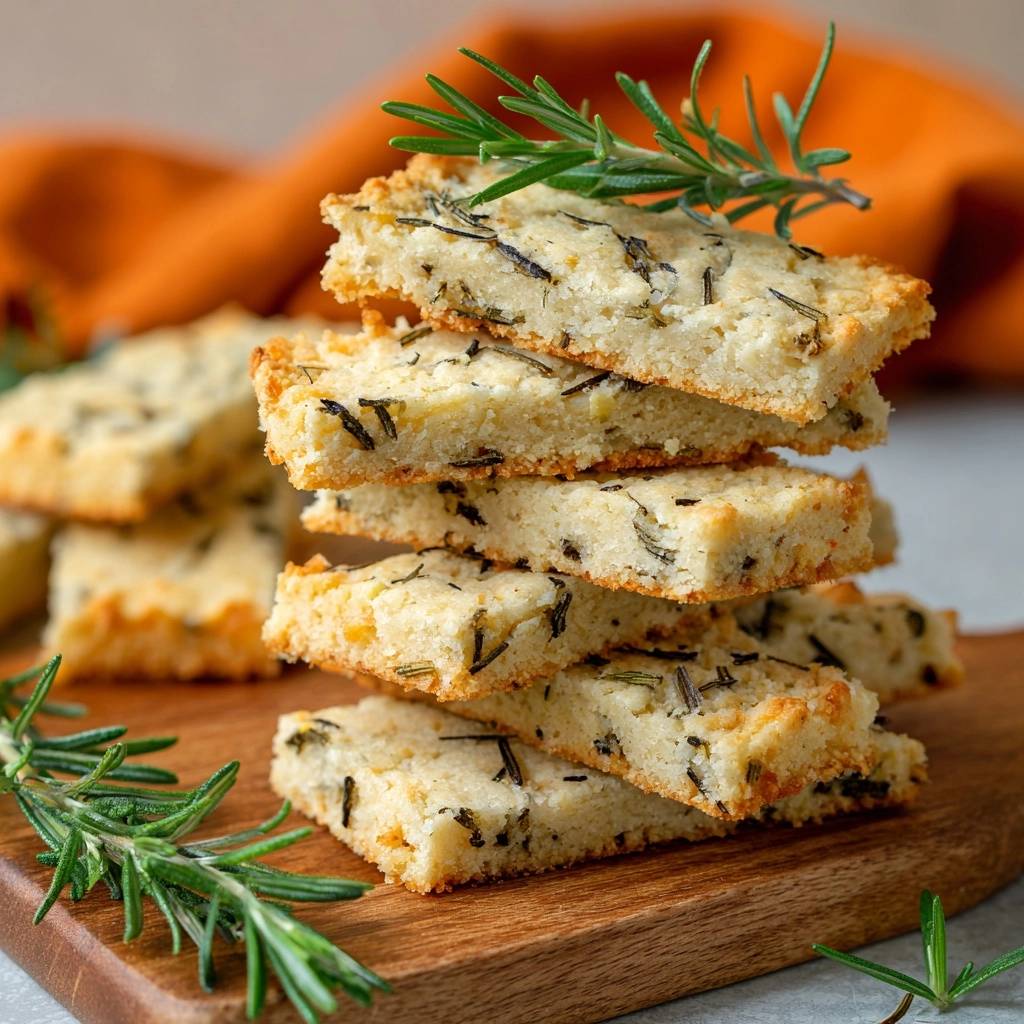Knusprige Rosmarin-Focaccia in einem Stapel serviert, mit frischen Rosmarinzweigen garniert und in Nahaufnahme auf einem Holzbrett präsentiert.