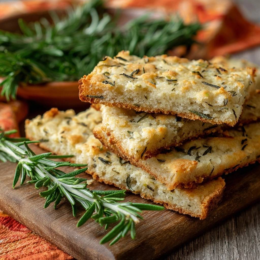 Knusprige Rosmarin-Focaccia mit einem Nahaufnahme-Querschnitt, der die Textur und den frischen Rosmarin zeigt, serviert auf einem Holzbrett.