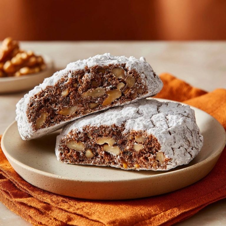 Knusprige Walnuss-Cantuccini im Anschnitt, die den nussigen Teig und die Puderzucker-Schicht zeigen, serviert auf einem Teller.