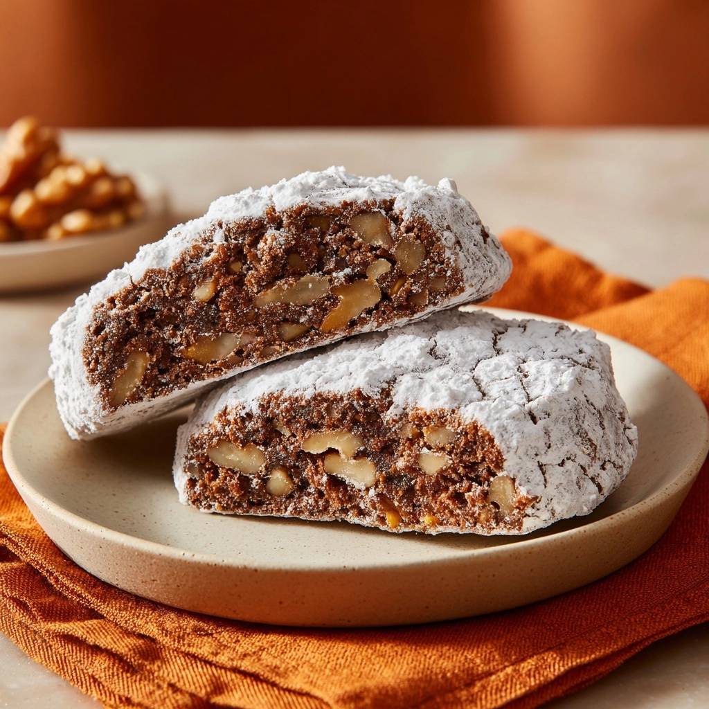 Knusprige Walnuss-Cantuccini im Anschnitt, die den nussigen Teig und die Puderzucker-Schicht zeigen, serviert auf einem Teller.