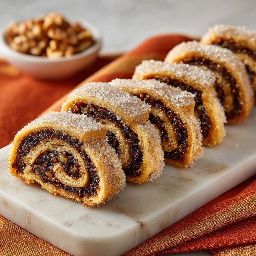 Knusprige Walnuss Zimtschnecken Querschnitt 1 Knusprige Walnuss-Zimtschnecken mit einem Nahaufnahme-Querschnitt, der die köstliche Füllung und die zuckerbeschichtete Kruste zeigt.