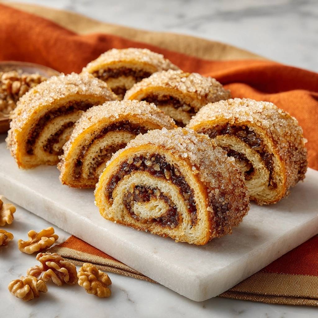 Knusprige Walnuss-Zimtschnecken, garniert mit Zucker, zeigen hier einen appetitlichen Querschnitt mit der Nussfüllung. Die süßen Schnecken sind auf einem Teller serviert.