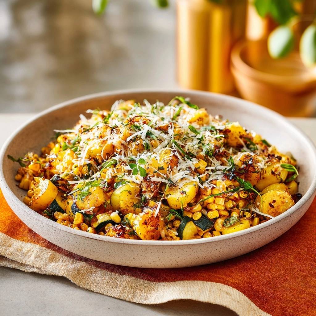 Knuspriger Gegrillter Mais Zucchini Salat Draufsicht 1 Knuspriger Gegrillter Mais-Zucchini-Salat, serviert in einer rustikalen Schüssel, garniert mit frischen Kräutern und geriebenem Käse, von oben betrachtet.