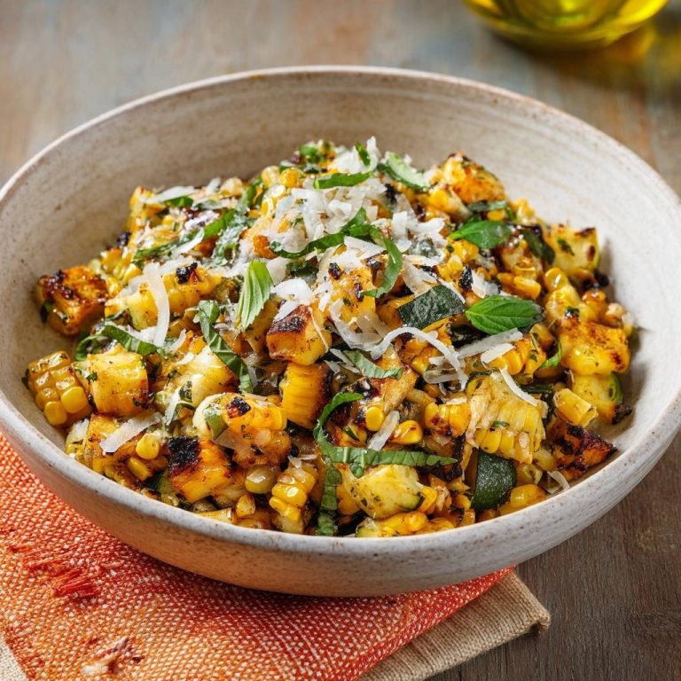 Knuspriger Gegrillter Mais-Zucchini-Salat serviert in einer rustikalen Schüssel, garniert mit frischen Kräutern und geriebenem Käse.