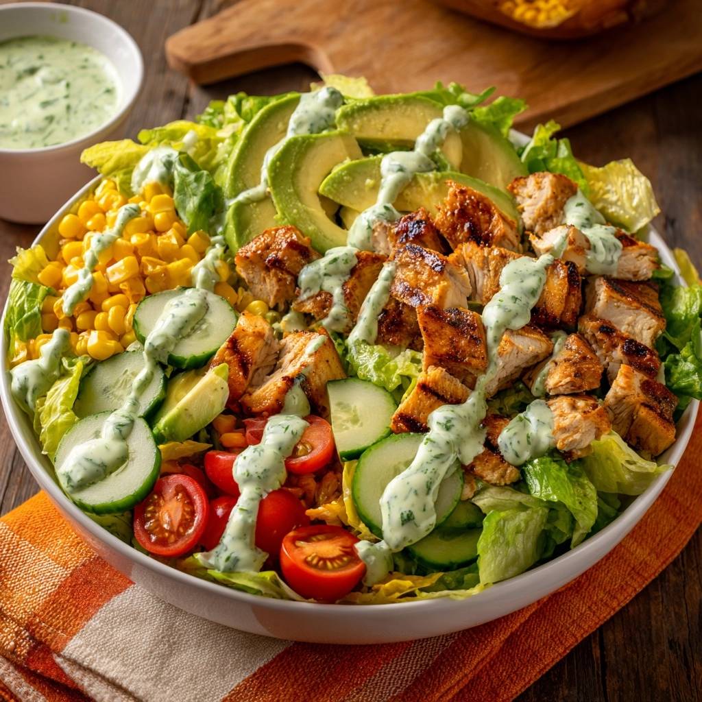 Knuspriger Hähnchen-Avocado-Salat in einer Schüssel serviert, mit frischem Dressing beträufelt, garniert mit Avocado und Tomaten.