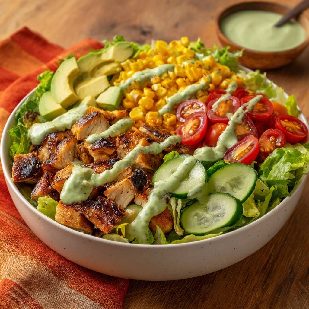 Knuspriger Hähnchen-Avocado-Salat in einer Schüssel serviert, mit gegrilltem Hähnchen, Avocado, Mais und frischen Tomaten.