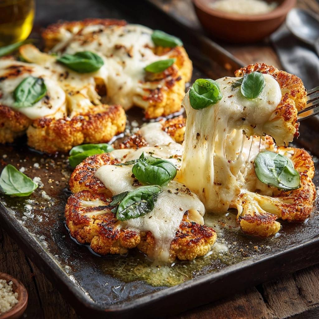 Knuspriger Käse-Blumenkohl, garniert mit frischem Basilikum, mit Käse, der sich beim Abheben von einer Gabel zieht.