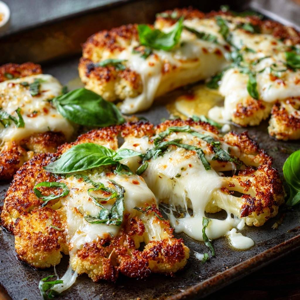 Knuspriger Käse-Blumenkohl in Nahaufnahme, mit geschmolzenem Käse, der sich über die Röschen ergießt und mit frischem Basilikum garniert ist.