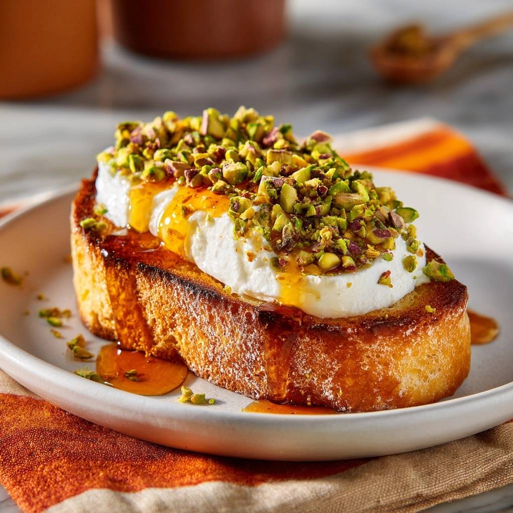 Knuspriger Pistazien Ricotta Toast Serviert 1 Knuspriger Pistazien-Ricotta-Toast serviert auf einem weißen Teller, garniert mit Pistazien und Honig beträufelt. Ein köstliches Frühstück oder Dessert.