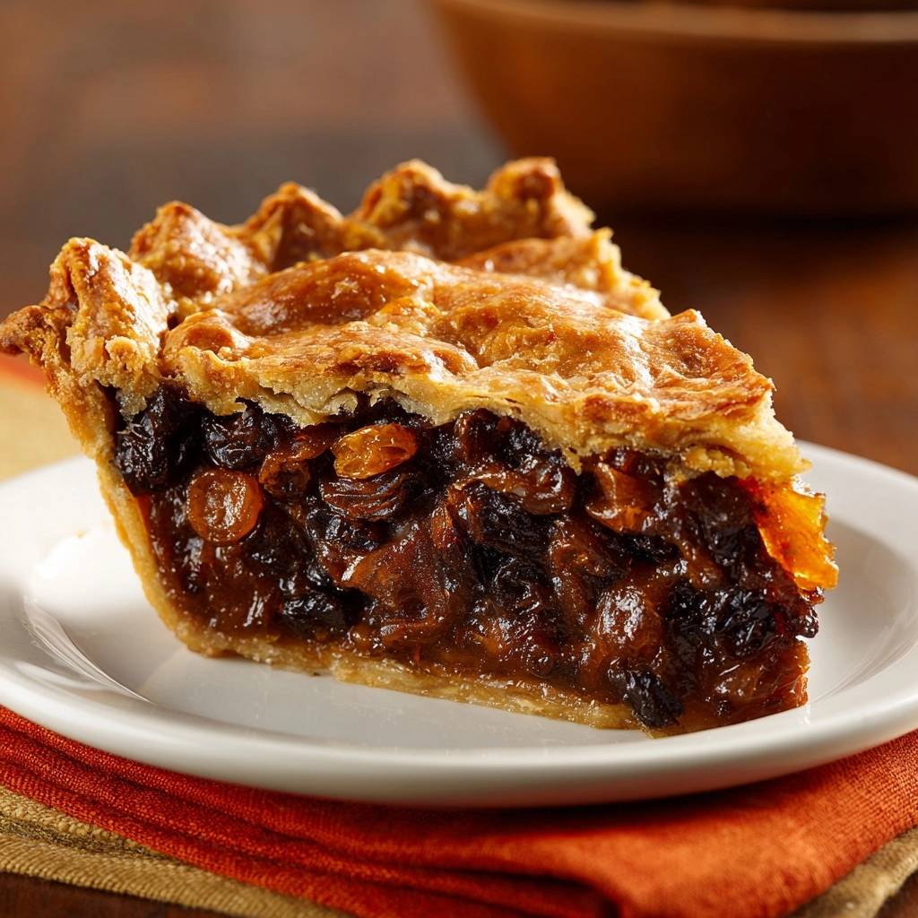Knuspriger Rosinen Pie Querschnitt 1 Knuspriger Rosinen-Pie, ein köstliches Stück mit Ansicht des saftigen Inneren und der knusprigen Kruste, serviert auf einem weißen Teller.