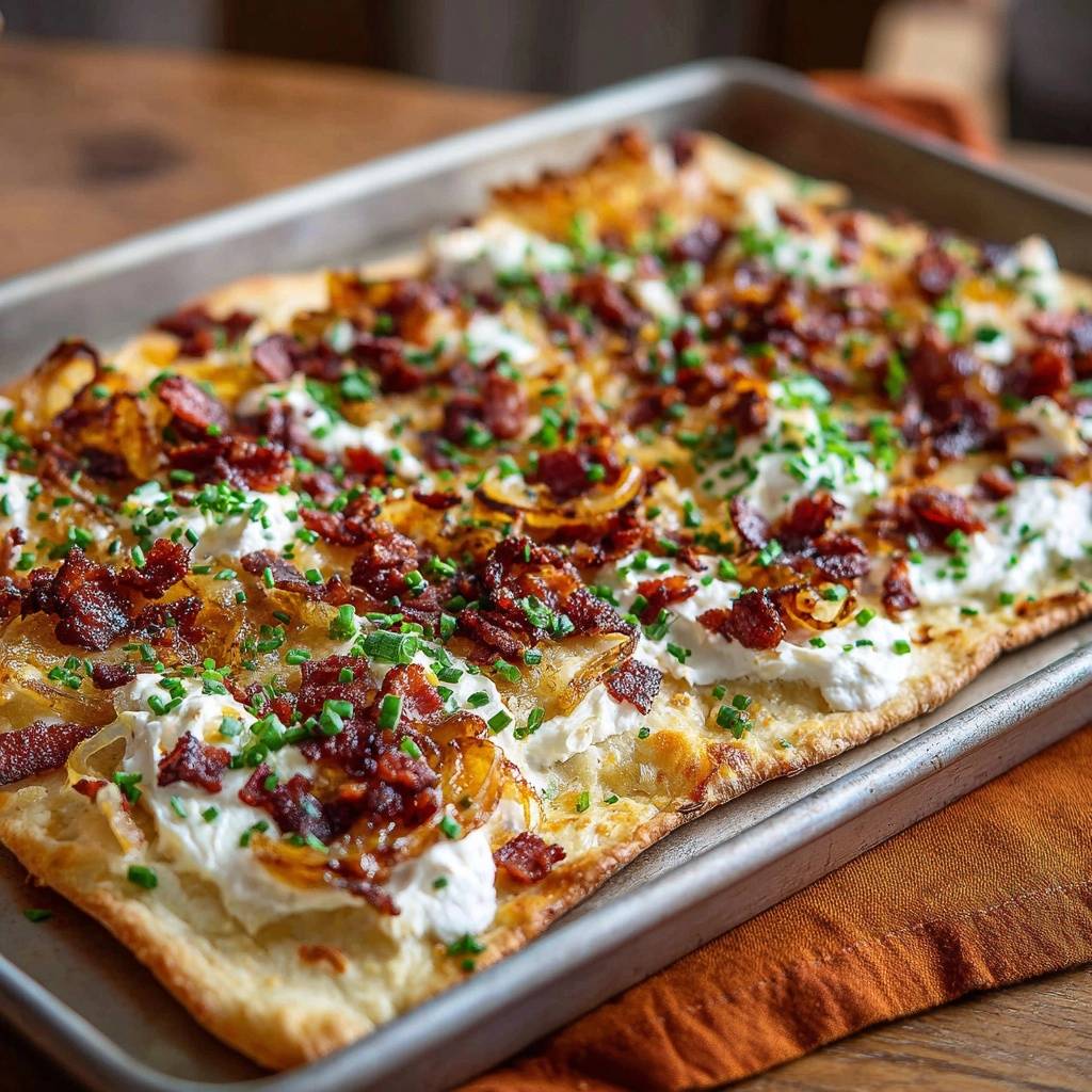 Knuspriger Speck-Zwiebel-Feta-Fladen, serviert in einer Backform, mit knusprigem Speck, Zwiebeln, Feta-Käse und frischen Kräutern garniert.