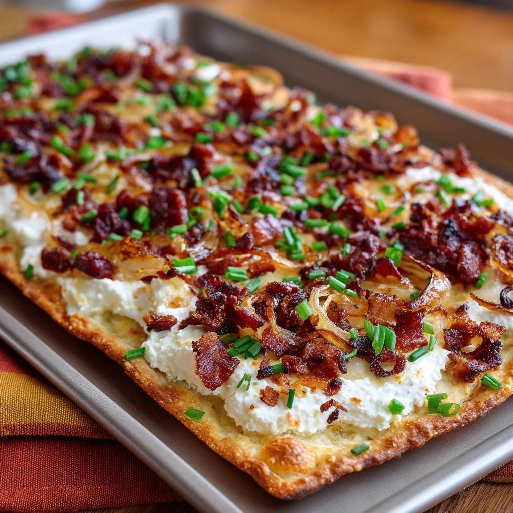 Knuspriger Speck-Zwiebel-Feta-Fladen, von oben betrachtet, präsentiert mit knusprigem Speck, karamellisierten Zwiebeln und frischen Kräutern.
