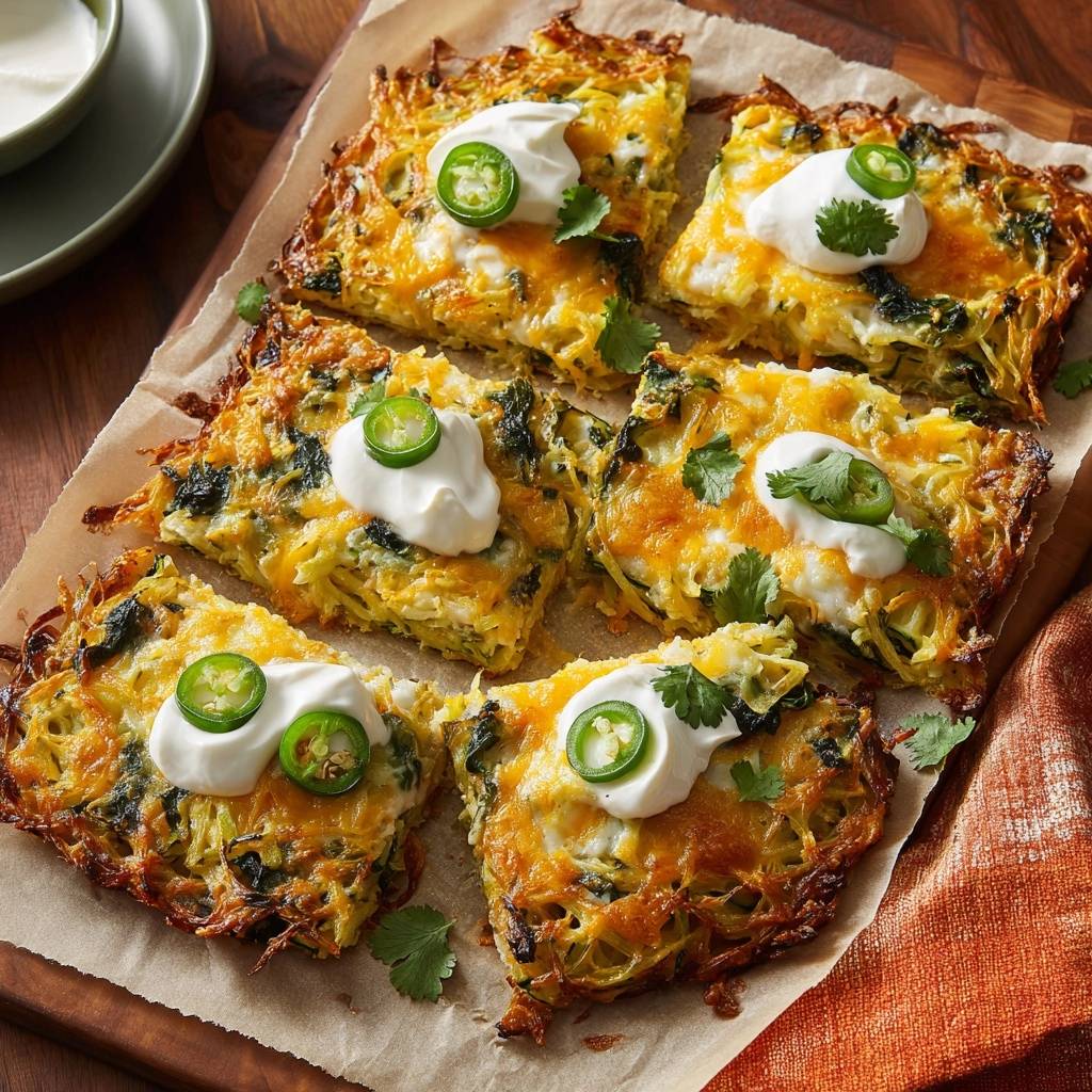 Knuspriger Zucchini-Spinat-Käse-Auflauf serviert auf einem Holzbrett, garniert mit Sauerrahm, Jalapeño und frischem Koriander.