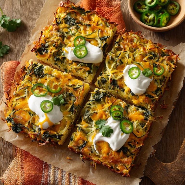 Knuspriger Zucchini-Spinat-Käse-Auflauf, serviert von oben, mit Sauerrahm, Jalapeños und frischer Koriander-Garnitur.