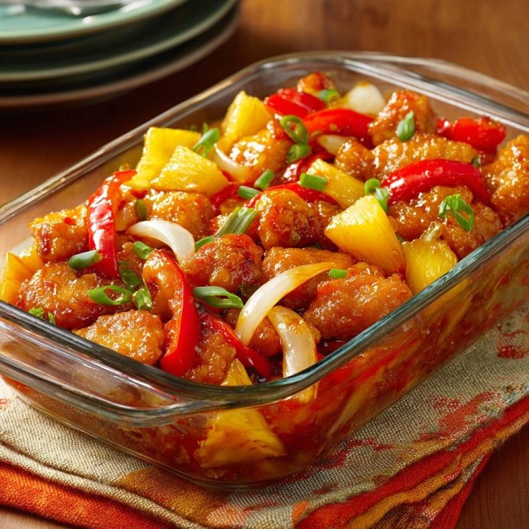 Knuspriges Ananas-Hähnchen, serviert in einer Glasform, mit frischer Ananas, roten Paprika und Zwiebeln. Diese köstliche Mahlzeit ist saftig und knusprig!