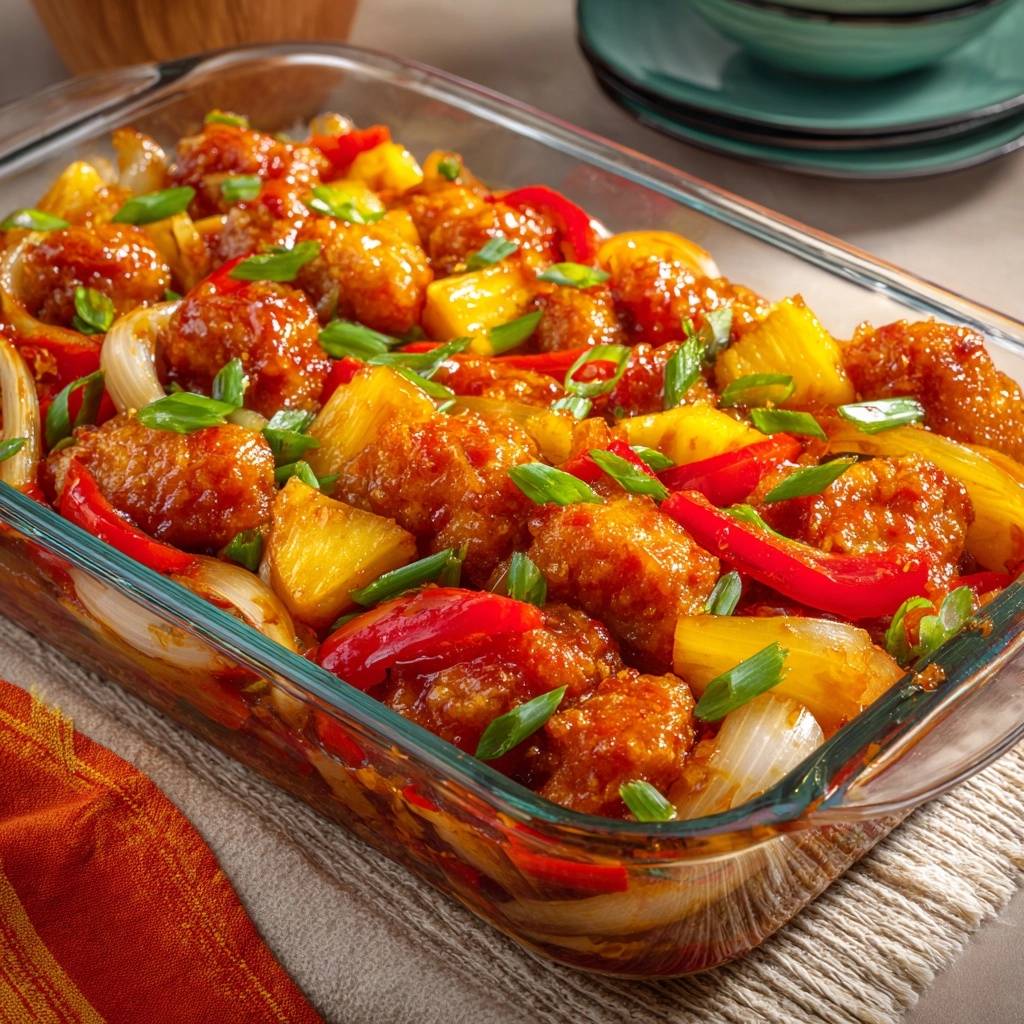 Knuspriges Ananas-Hähnchen in einer Glasform, garniert mit frischen Kräutern und köstlichem Gemüse. Der leckere Anblick verlockt zum sofortigen Genuss.