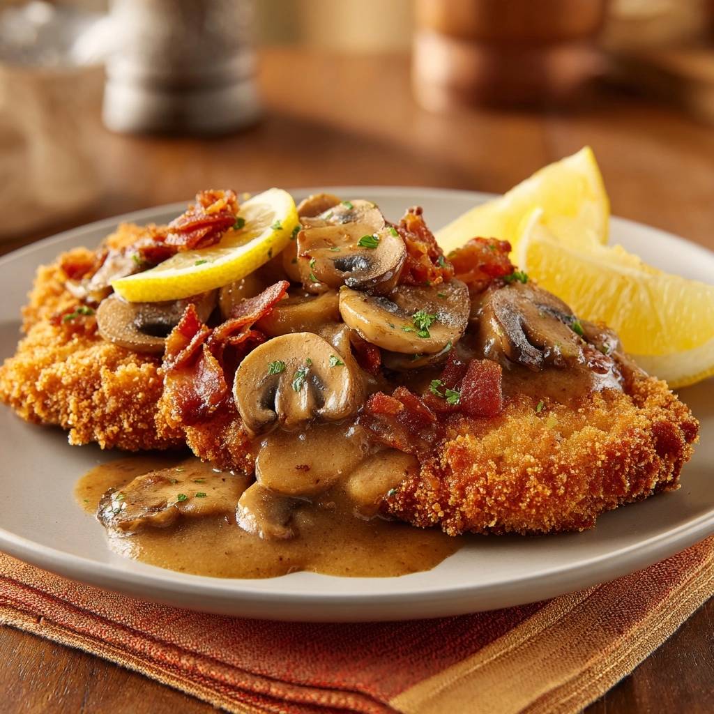 Knuspriges Jagerschnitzel Mit Speck Serviert 1 Knuspriges Jägerschnitzel mit Speck serviert auf einem Teller. Das panierte Schnitzel ist mit Champignons, Speck und Zitronenspalten garniert.